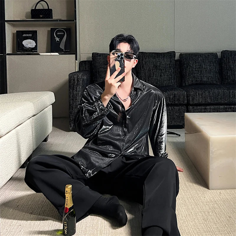Fashion Future Sense Liquid Metal Polarized Light Shiny Long Sleeve Shirt Men Night Club Elegant Casual Shirts Stage Costume