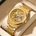 A men's yellow and black party style minimalist scale fully automatic hollow mechanical watch