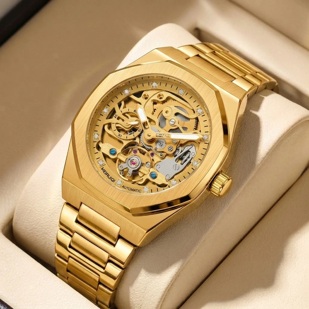 A men's yellow and black party style minimalist scale fully automatic hollow mechanical watch